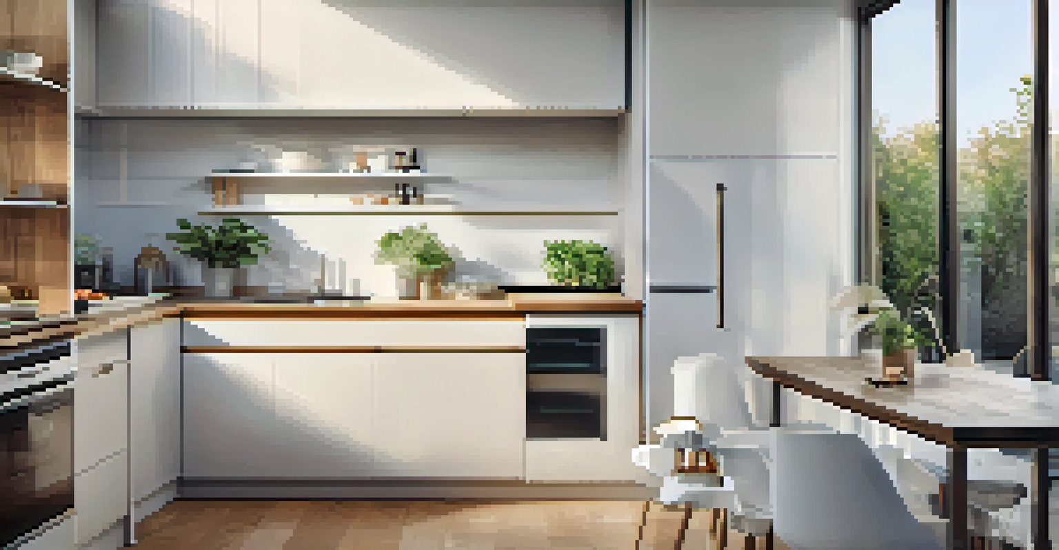 A modern kitchen showcasing water-efficient appliances and a stylish water-saving faucet in a minimalist design.