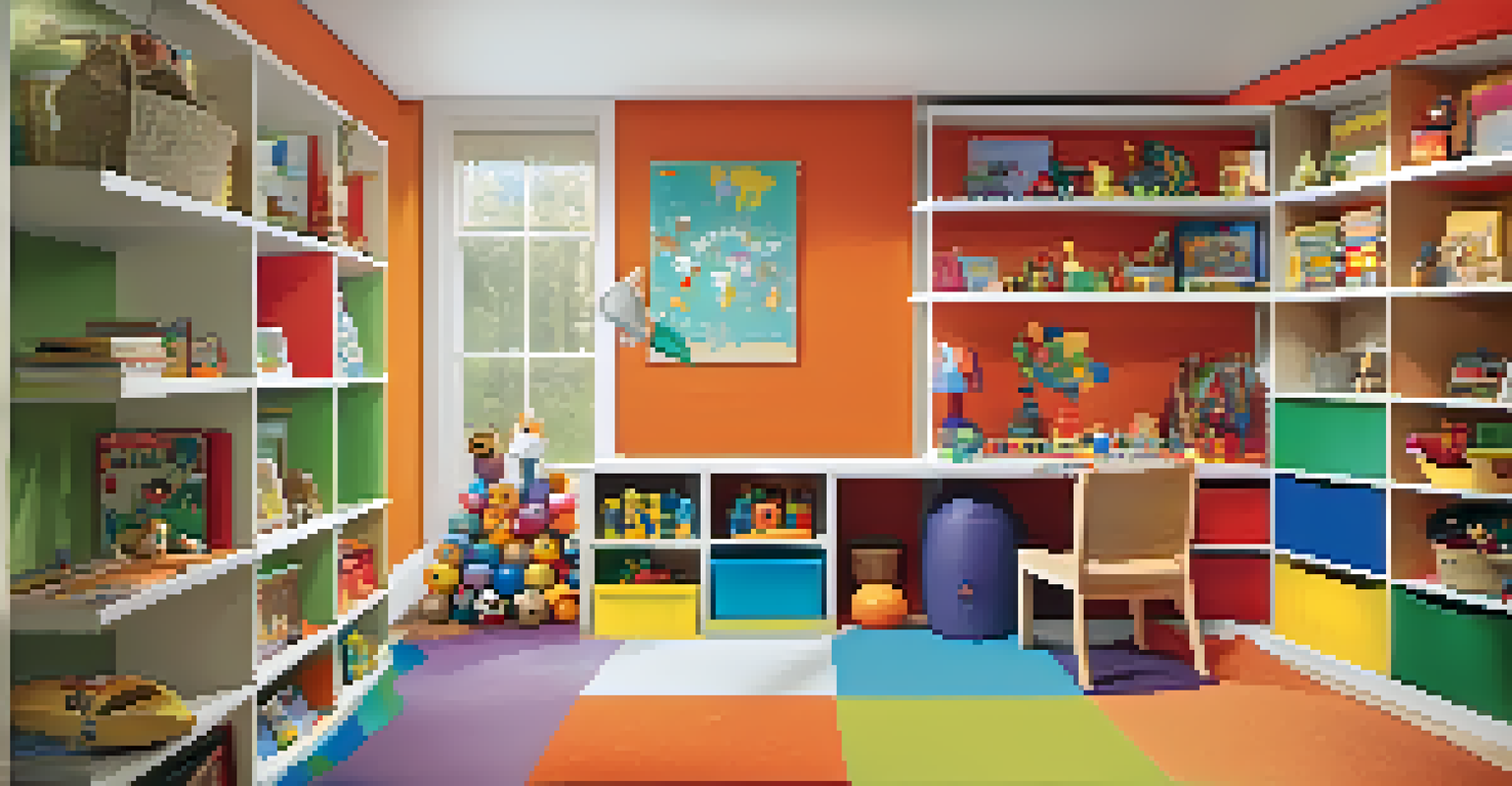 A vibrant basement playroom filled with colorful decor, soft flooring, and organized toys for children.