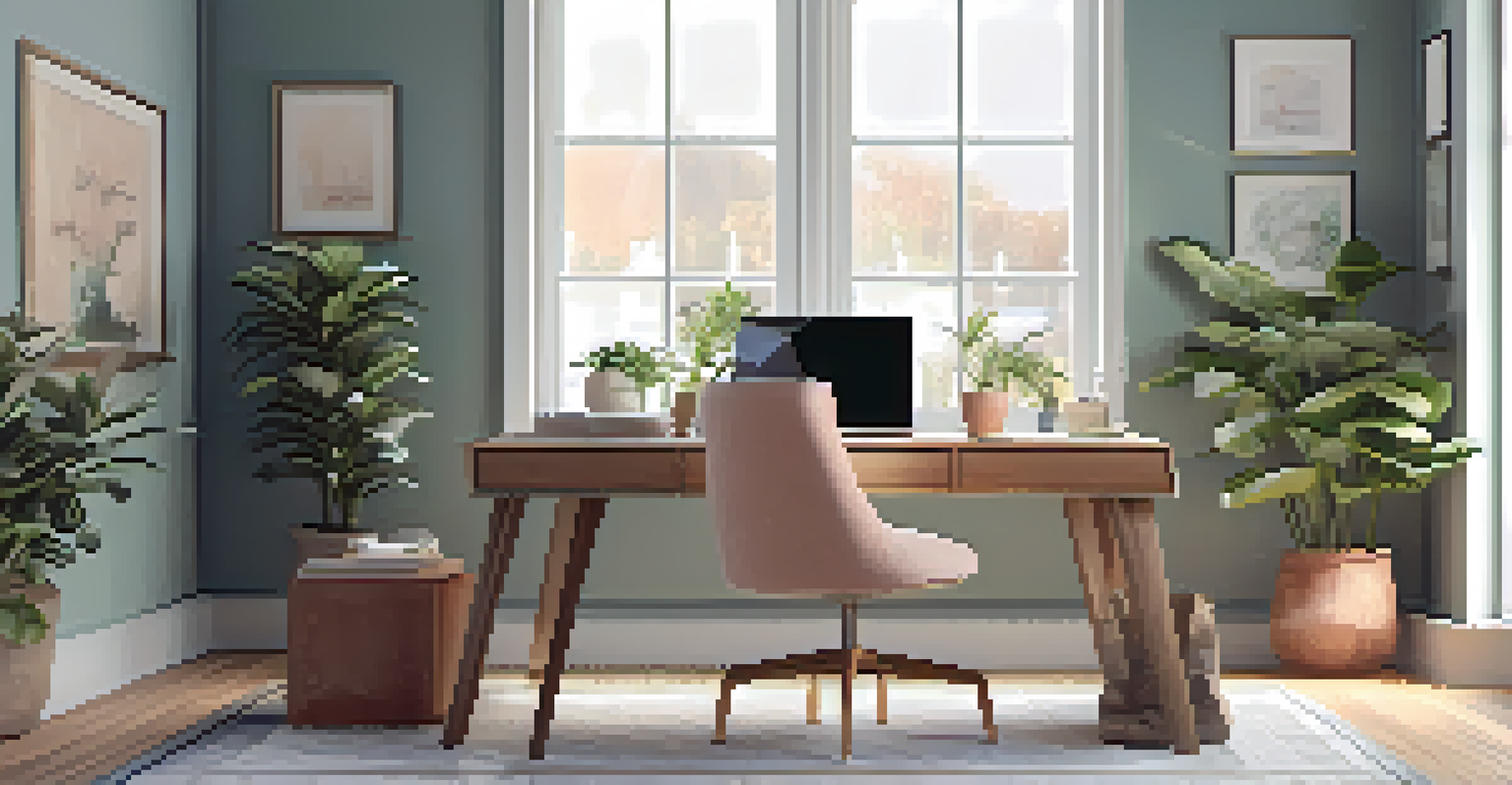 A modern home office setup with a laptop, plants, and a view of a garden.