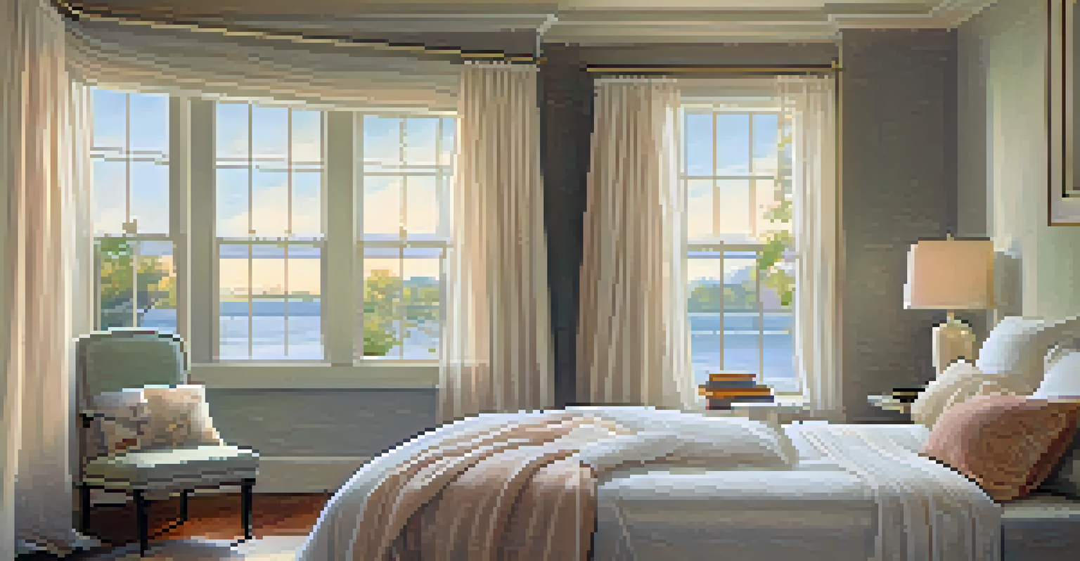 A tranquil bedroom with a neatly made bed and soft pastel colors, illuminated by natural light.