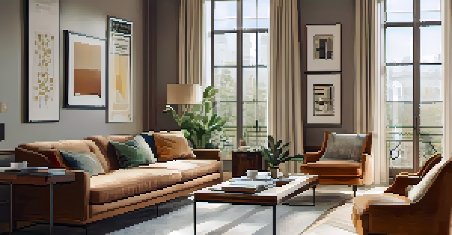 A cozy living room in a rental apartment with warm colors, stylish furniture, and large windows allowing natural light.