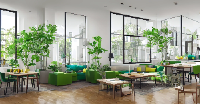 A modern communal kitchen in a co-living space with residents socializing, featuring large windows and a warm color palette.