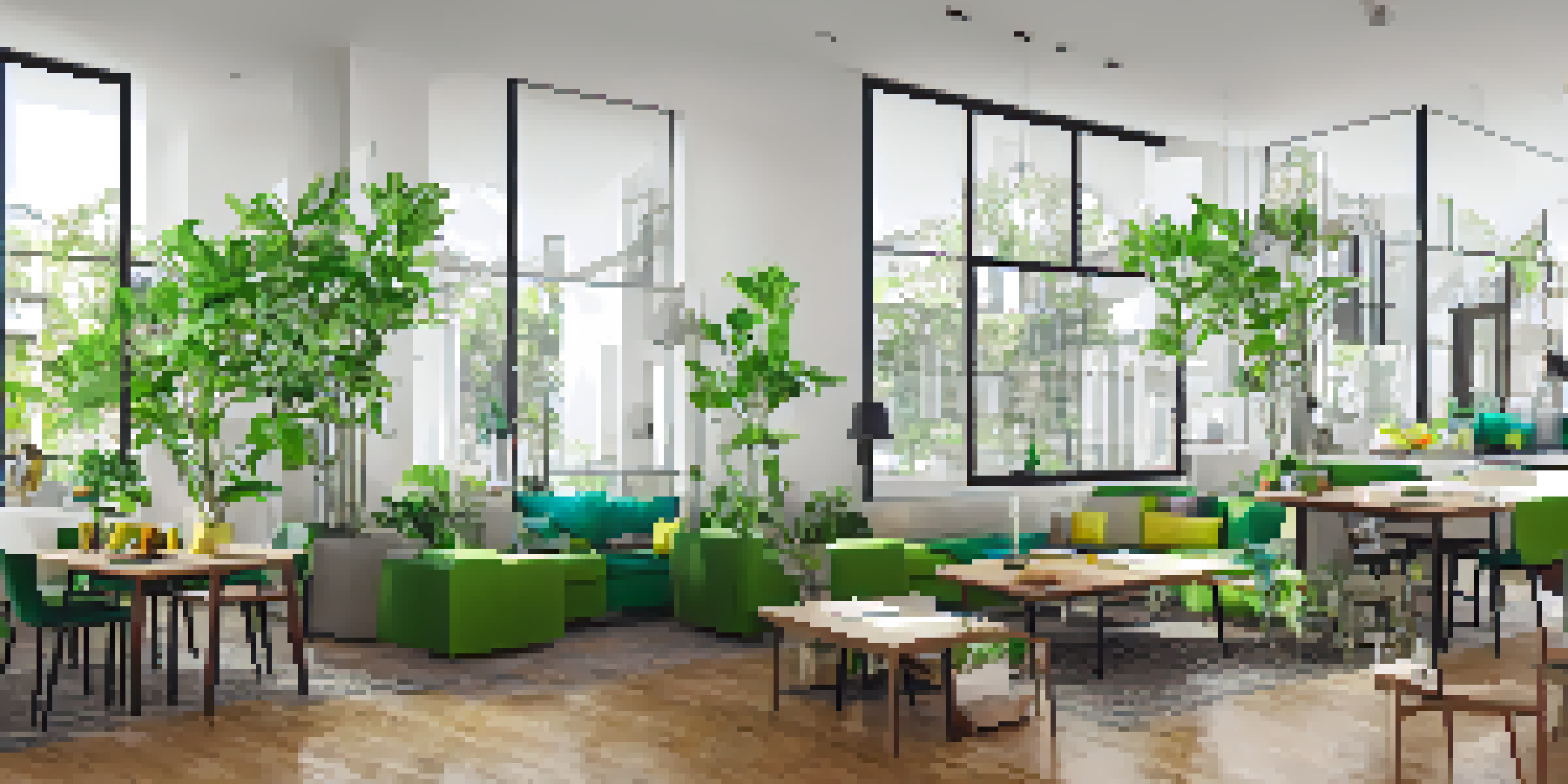 A modern communal kitchen in a co-living space with residents socializing, featuring large windows and a warm color palette.