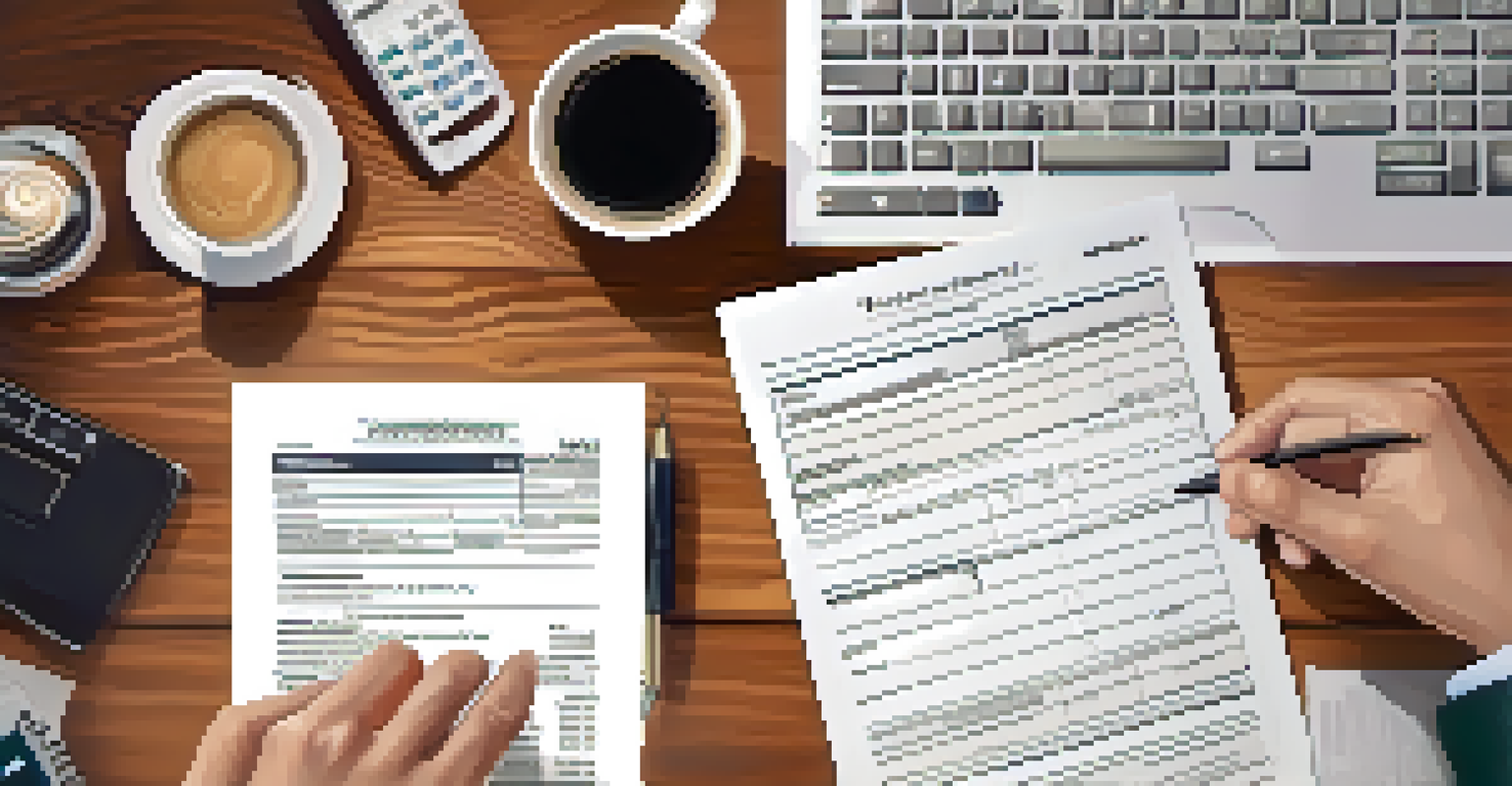 A close-up of hands organizing tax documents on a desk with a laptop and a cup of coffee.