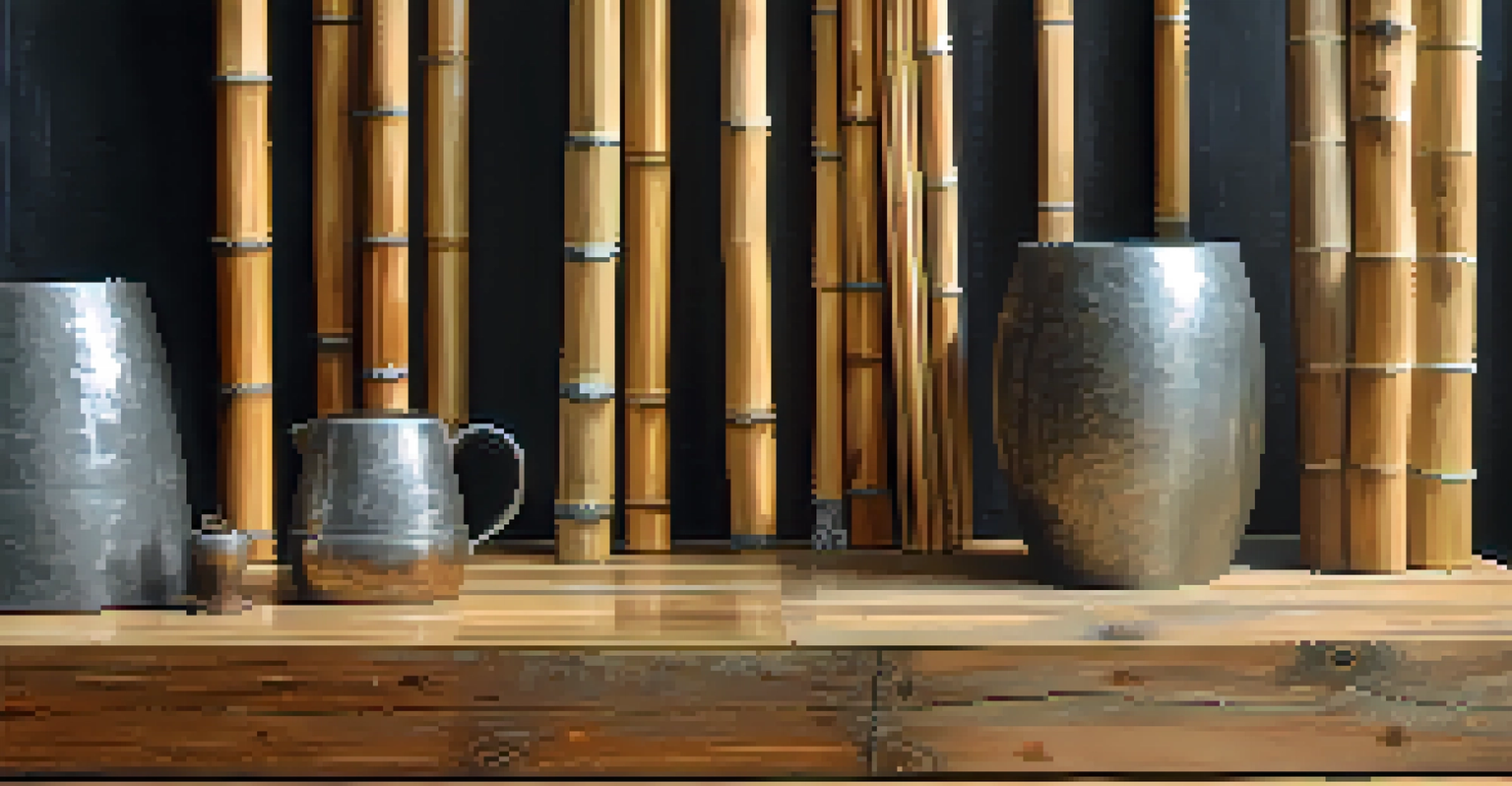 An artistic arrangement of bamboo, reclaimed wood, and recycled steel on a wooden table, showcasing sustainable building materials.