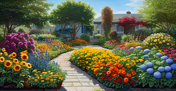 A beautiful garden with colorful flowers arranged by height, showcasing a variety of blooms under a clear blue sky.