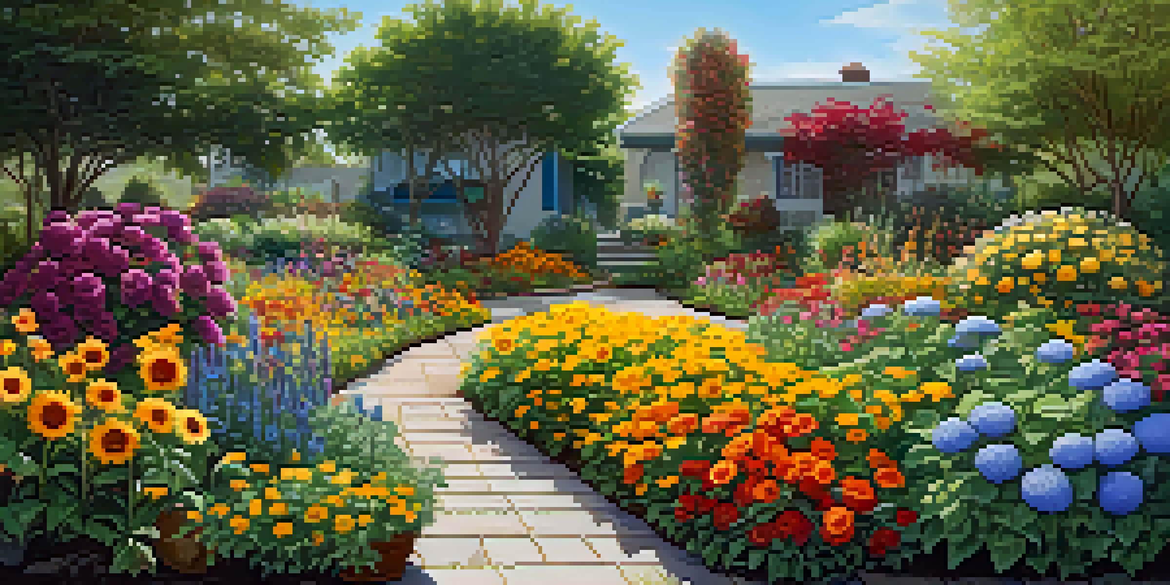 A beautiful garden with colorful flowers arranged by height, showcasing a variety of blooms under a clear blue sky.
