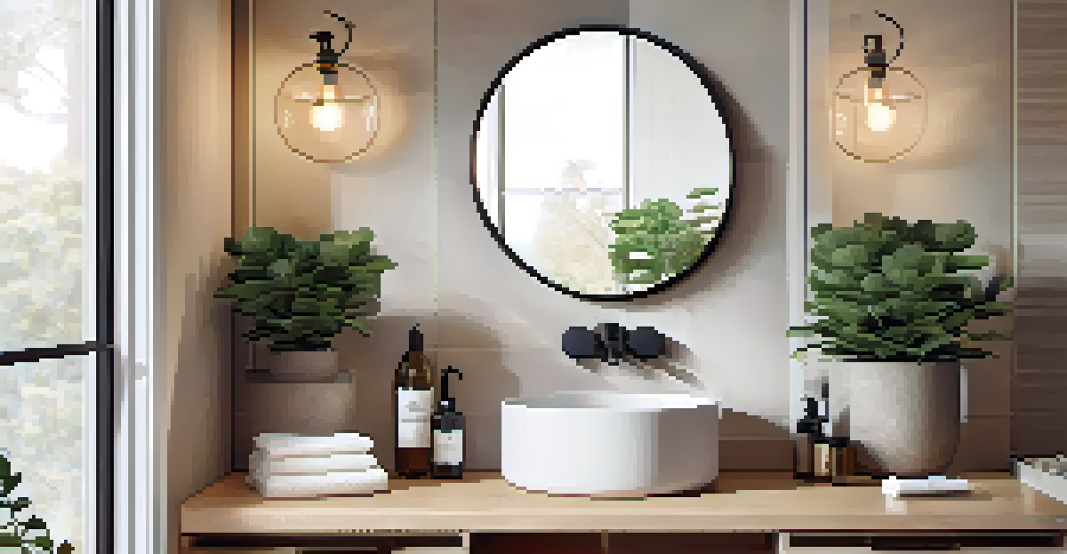A modern bathroom with a round mirror above the sink reflecting warm light, surrounded by elegant decor.