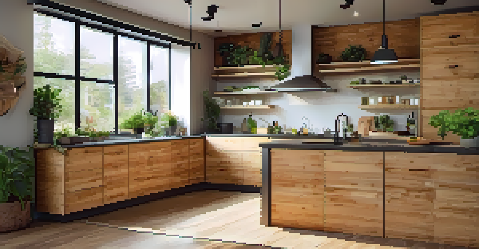 An eco-friendly kitchen with cork flooring, bamboo cabinetry, reclaimed wood countertops, and potted herbs on the windowsill, highlighting sustainability.