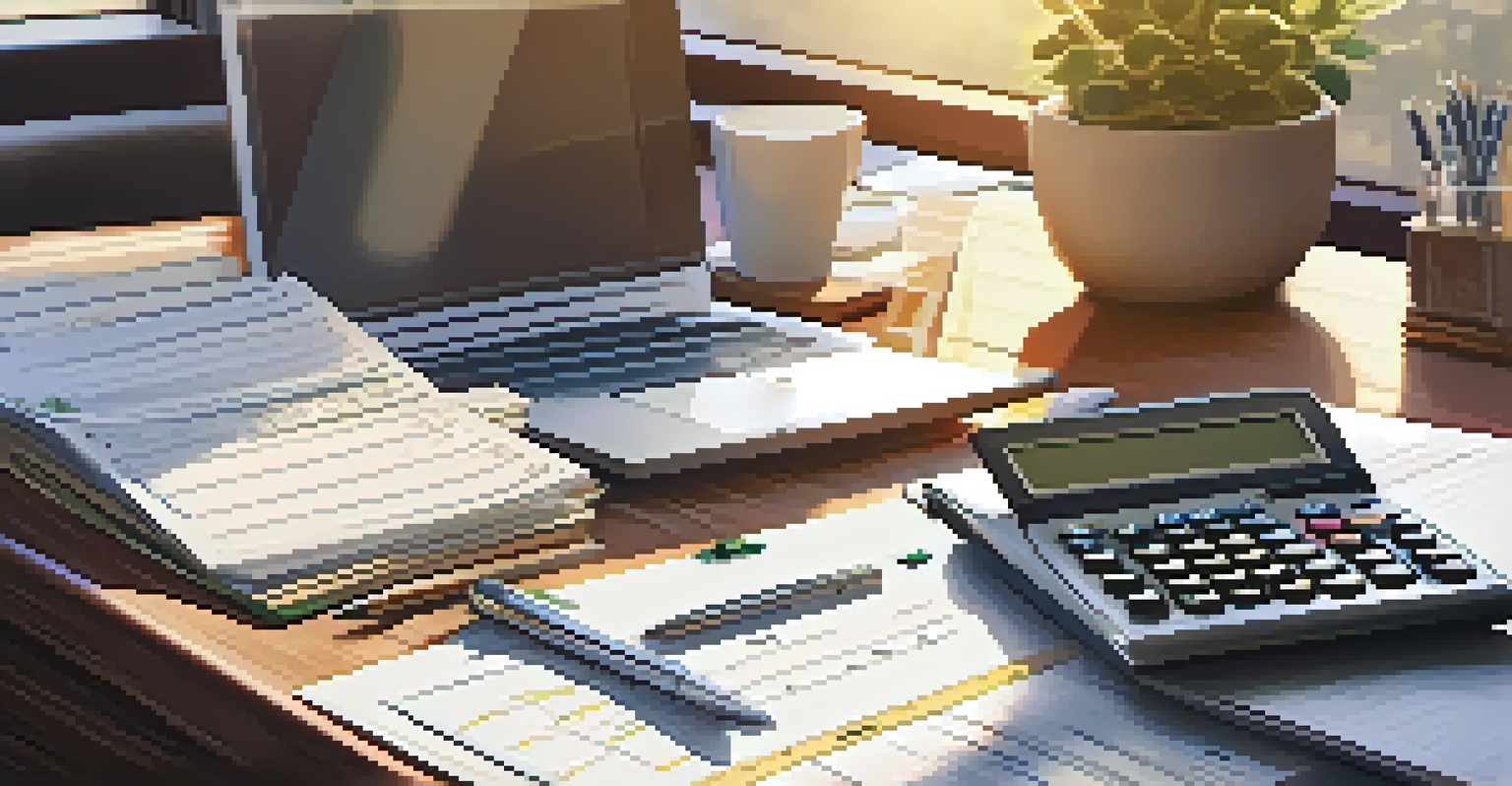 A financial planner's desk with a laptop, calculator, and budgeting notes illuminated by sunlight.
