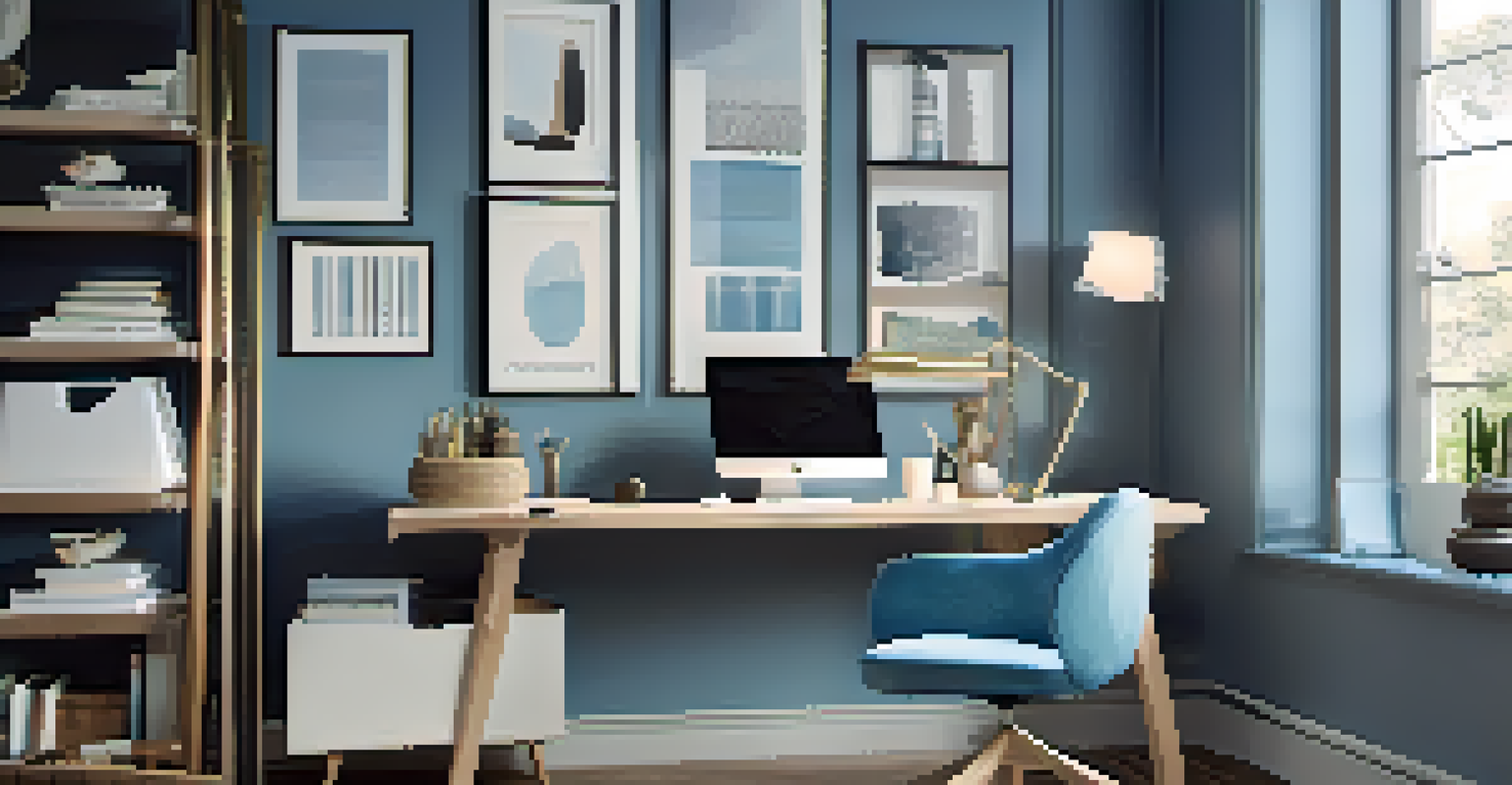 A modern home office featuring an ergonomic chair and a stylish desk with a computer, lamp, and organized storage, set in a calming blue atmosphere.