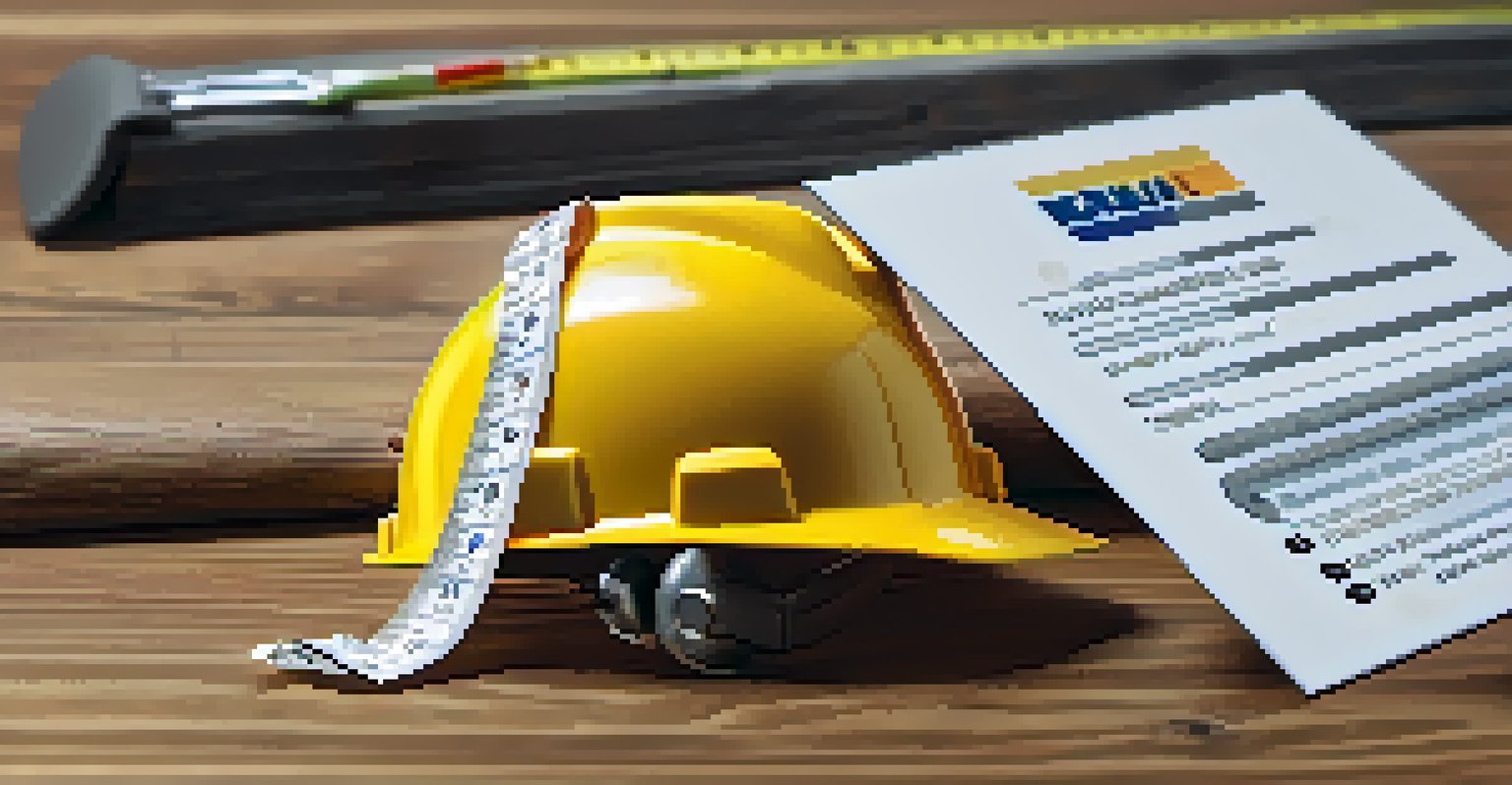 A close-up of a contractor's business card on a wooden table next to a hard hat and measuring tape, representing professionalism.