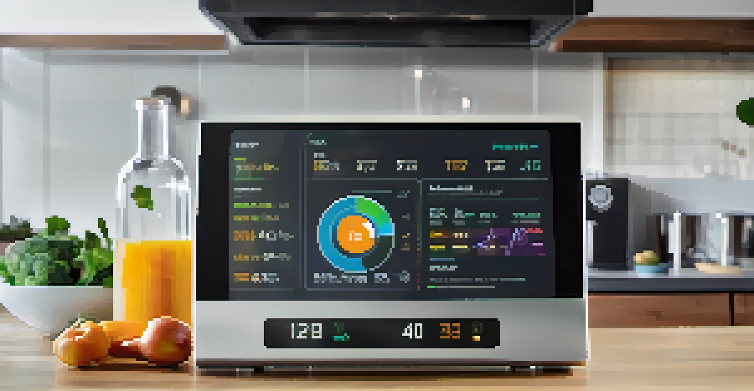 A close-up of a smart energy monitor in a modern kitchen, displaying colorful graphs of energy consumption.