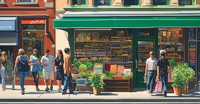 A lively urban shopping street filled with people, modern storefronts, and bright signage under warm sunlight.