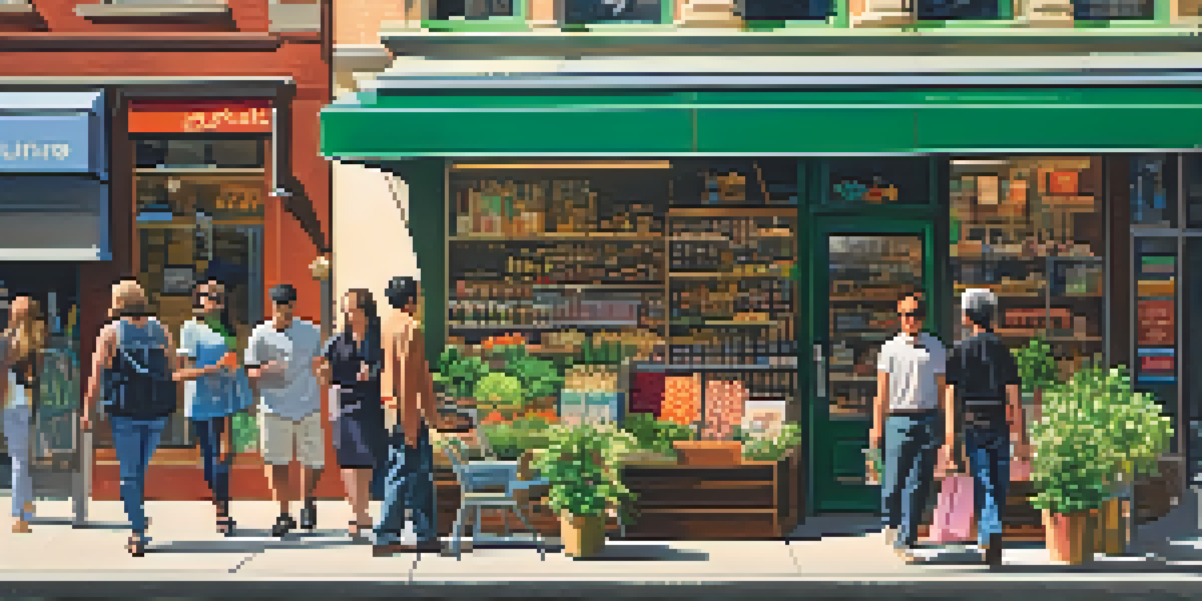 A lively urban shopping street filled with people, modern storefronts, and bright signage under warm sunlight.