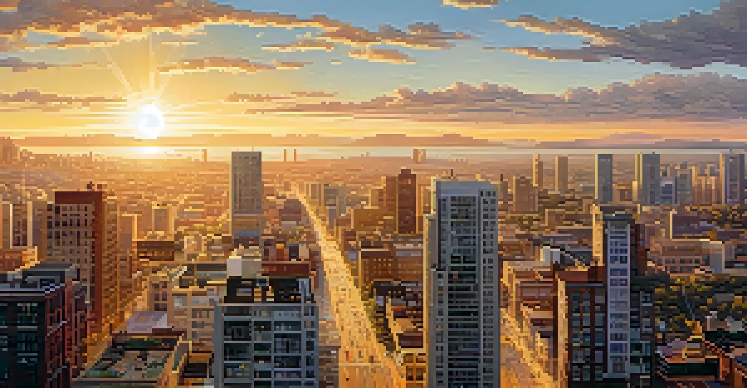 Aerial view of a bustling city at sunset, displaying diverse buildings and vibrant street life.