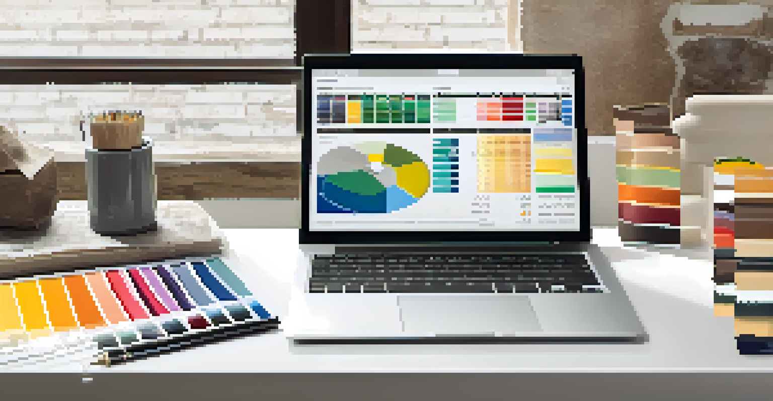 A laptop displaying a renovation budget spreadsheet, surrounded by paint swatches and planning materials.
