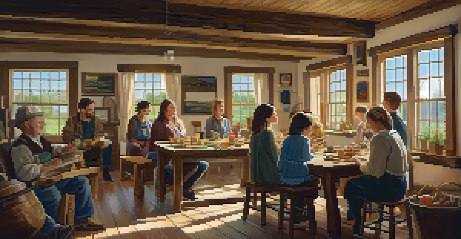 People gathered in a restored farmhouse, engaging in traditional crafts, with a cozy interior and sunlight streaming through windows.