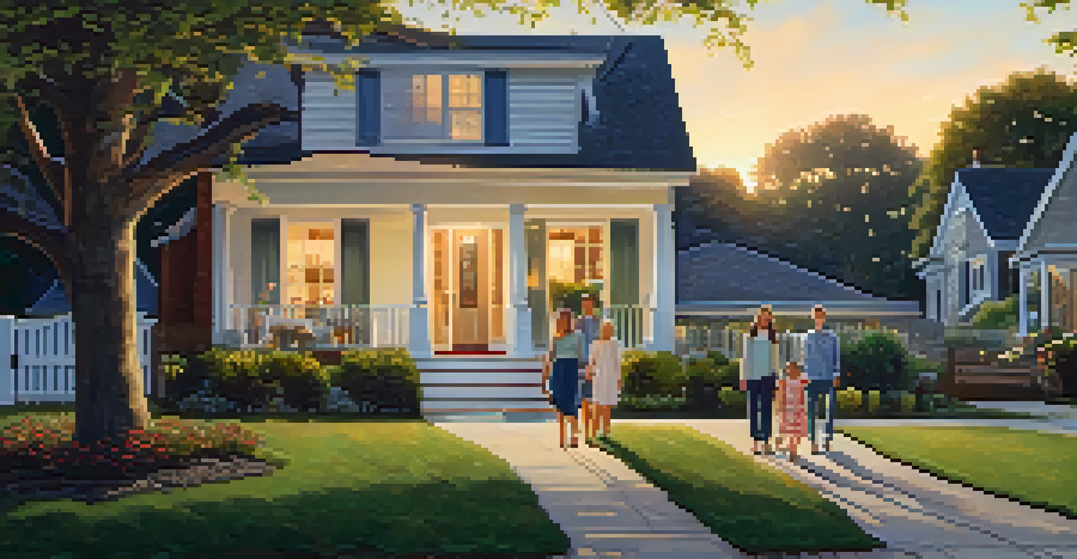 A family standing in front of their new home with a 'Sold' sign in the yard, surrounded by a beautiful garden at sunset.