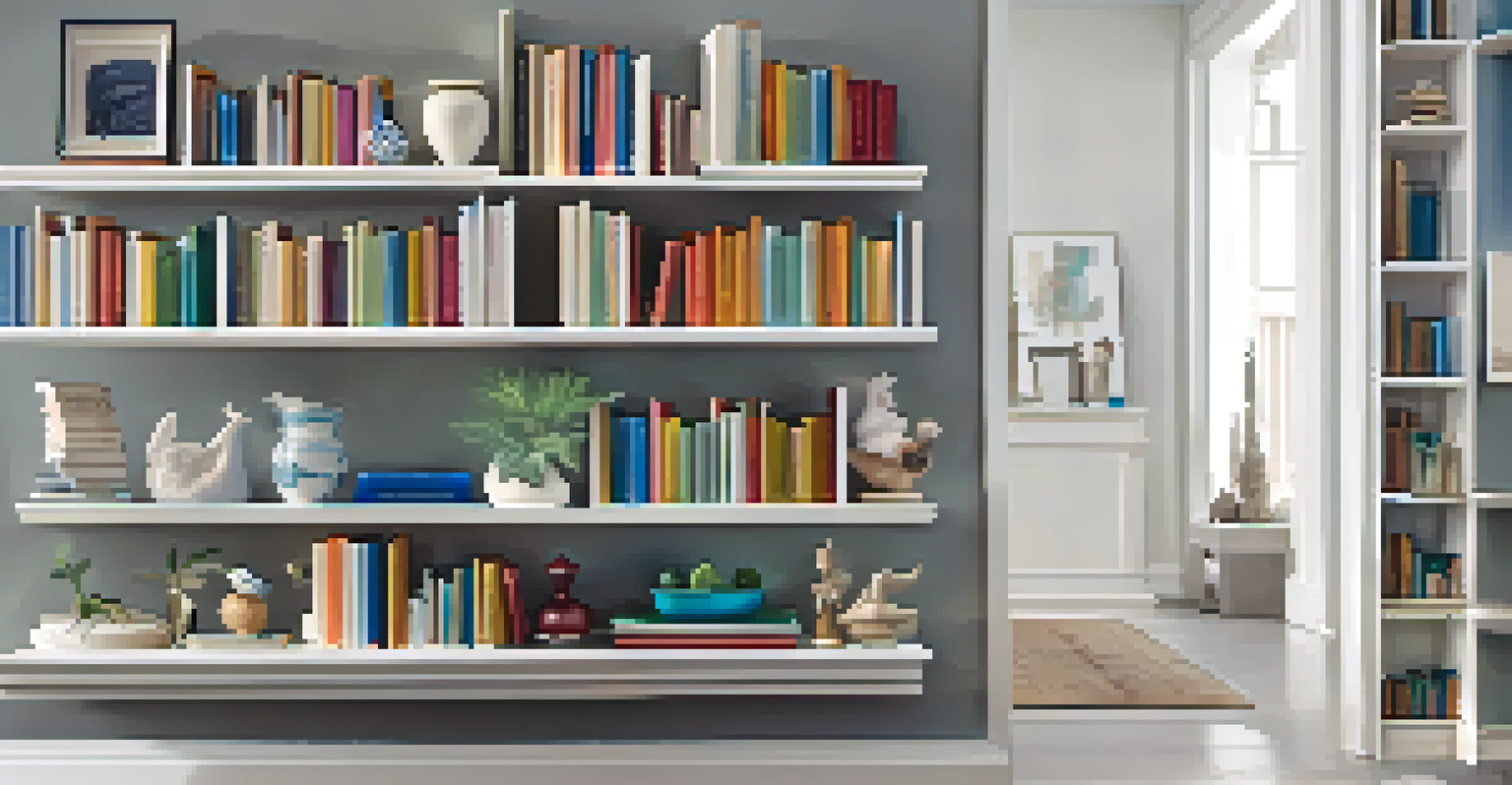 A wall with floating shelves displaying a colorful arrangement of books and decorative items, creating a visually interesting display.