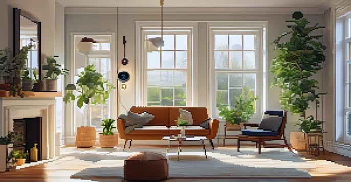 A bright and cozy living room with a smart thermostat on the wall and sunlight streaming through the window, creating a warm atmosphere.