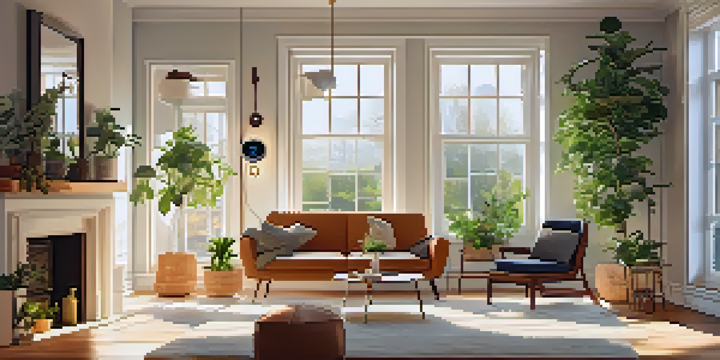 A bright and cozy living room with a smart thermostat on the wall and sunlight streaming through the window, creating a warm atmosphere.