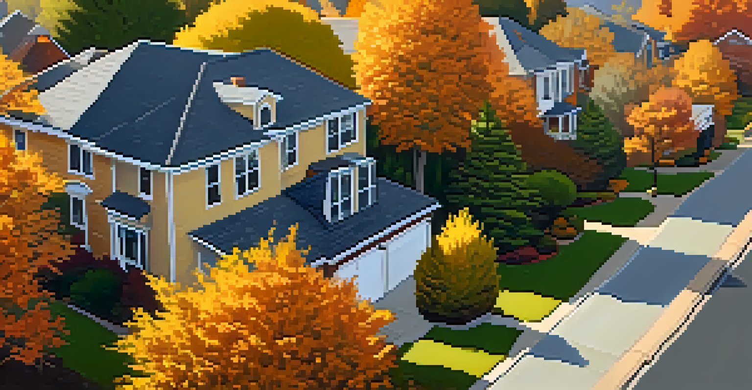 An aerial view of a house with clean gutters and trimmed trees in a vibrant fall landscape under clear skies.