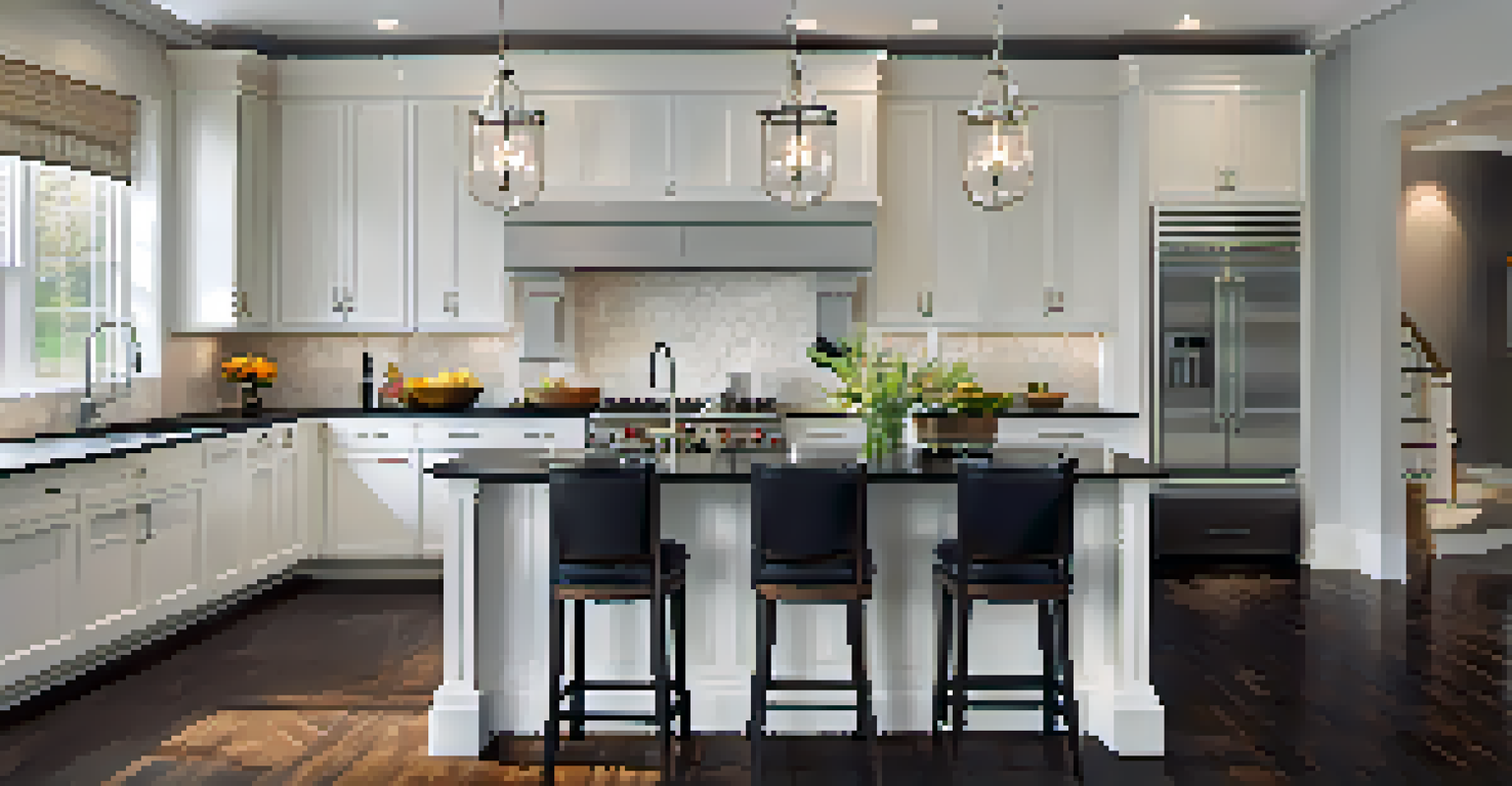 An elegant kitchen with white cabinets, dark countertops, stainless steel appliances, and a large island with flowers.