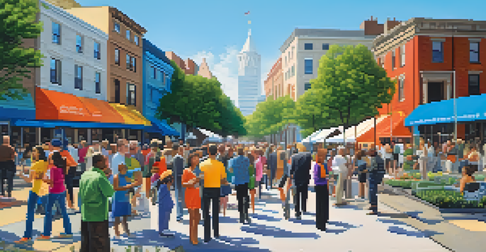 A lively urban neighborhood with a mix of modern and traditional buildings, where community members are gathered in a park for a public meeting, surrounded by greenery and colorful banners.