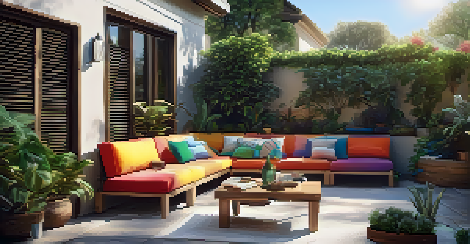 An outdoor patio with a virtual reality headset on a table, surrounded by greenery and comfortable seating, creating an inviting atmosphere.