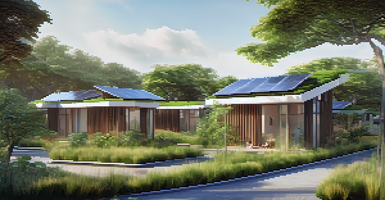 An eco-friendly urban housing project with green roofing and solar panels, surrounded by greenery and residents in outdoor community spaces.