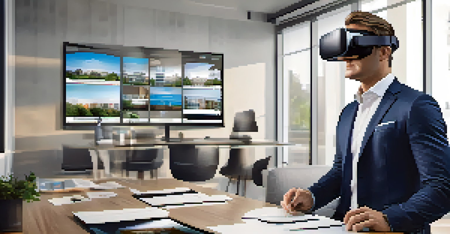 A modern real estate agent wearing a VR headset in an office, conducting a virtual property tour with property listings on the walls.