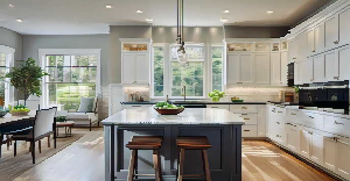 A modern kitchen with white cabinetry, a marble island, and stainless steel appliances, illuminated by natural light.