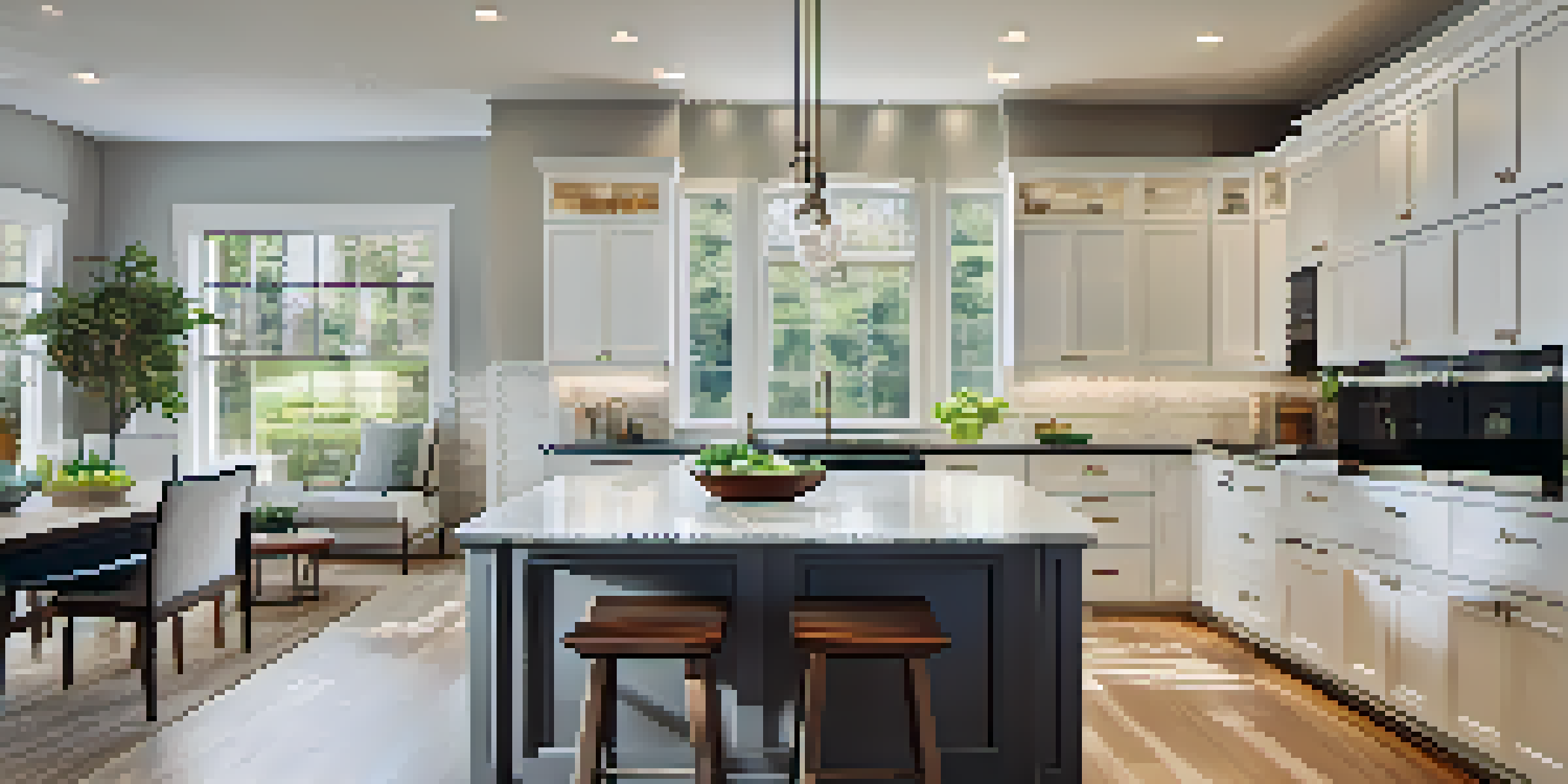 A modern kitchen with white cabinetry, a marble island, and stainless steel appliances, illuminated by natural light.