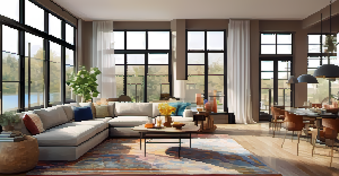 A cozy open living space with a sectional sofa, wooden coffee table, and dining area, illuminated by natural light.