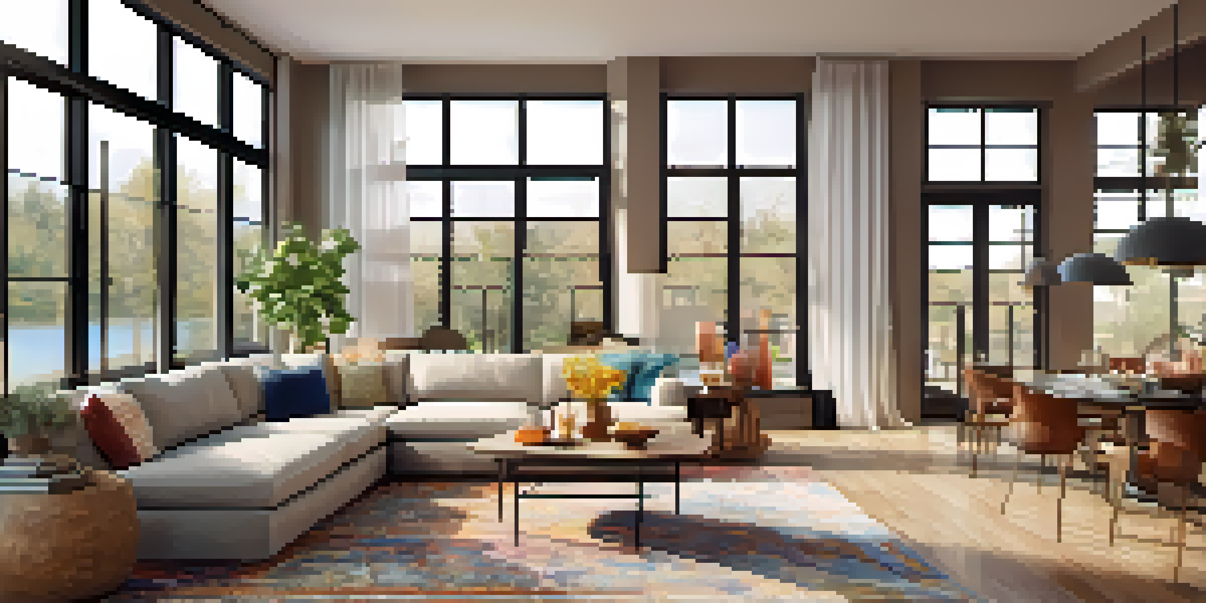 A cozy open living space with a sectional sofa, wooden coffee table, and dining area, illuminated by natural light.