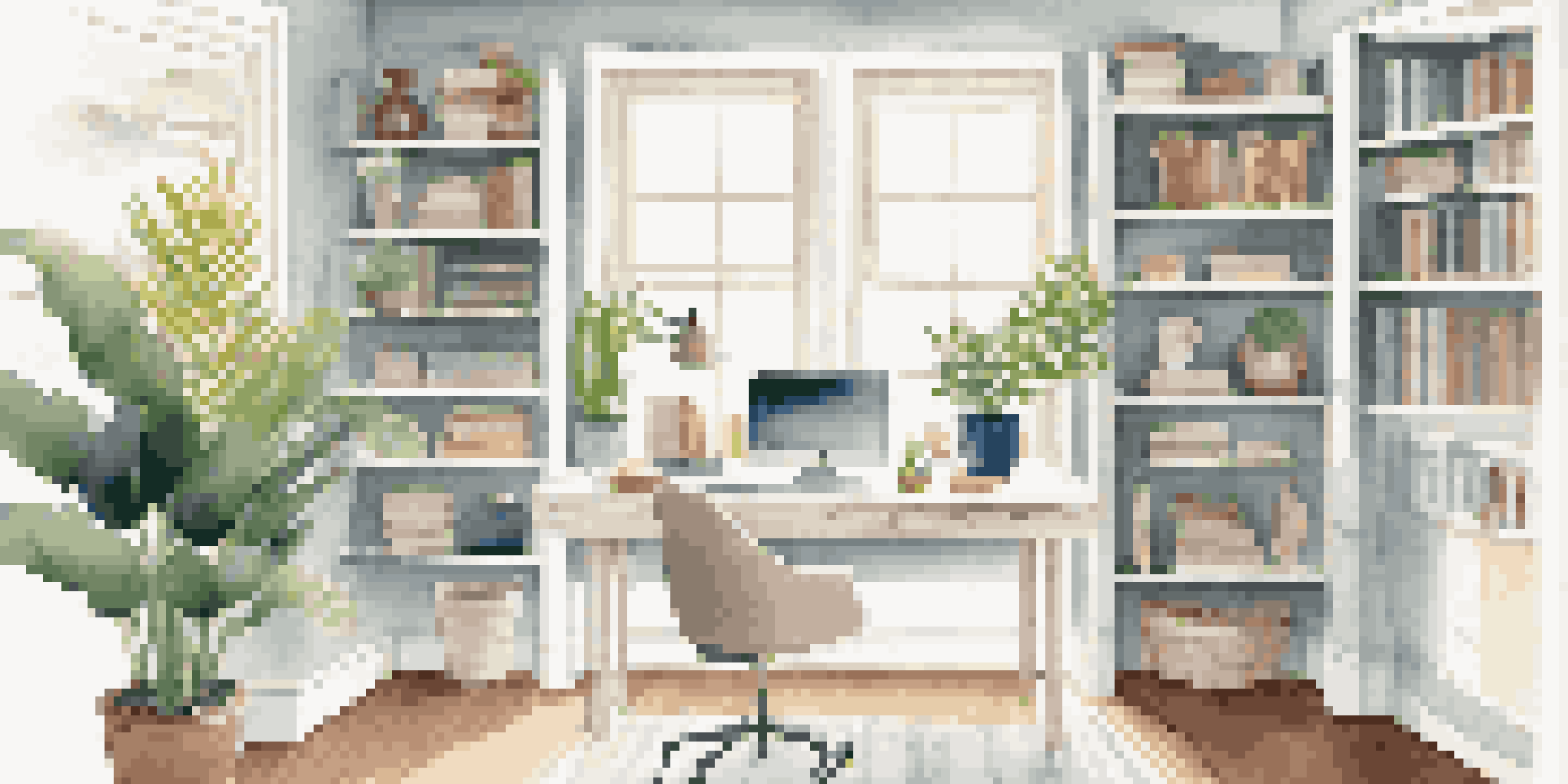A well-lit home office with a large window, sheer curtains, a white desk, a laptop, and a snake plant, alongside open shelving with books and decor.