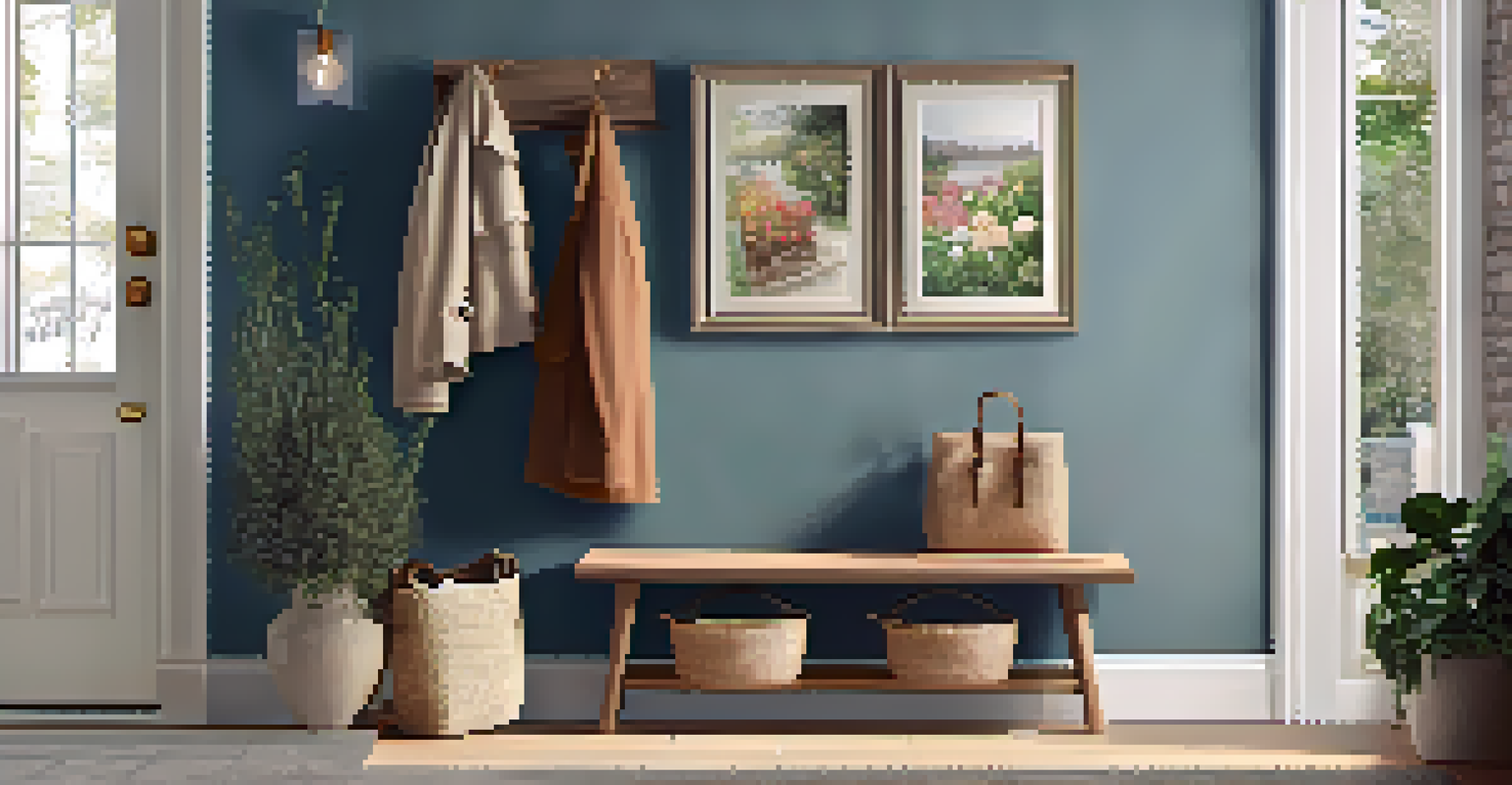 A charming entryway with a decorative coat rack, labeled zones for shoes and bags, soft lighting, and a small table with flowers and a photo.