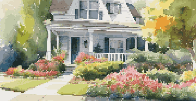 A well-maintained front yard with colorful flowers, a bright front door, and a green lawn under sunny skies.