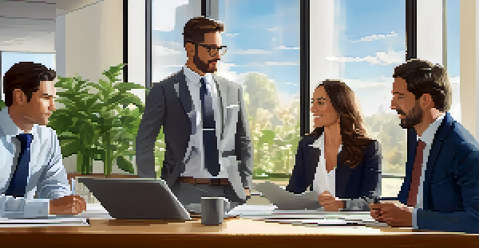 A diverse group of professionals engaging in a real estate negotiation in a bright office setting, with documents and laptops on the table.