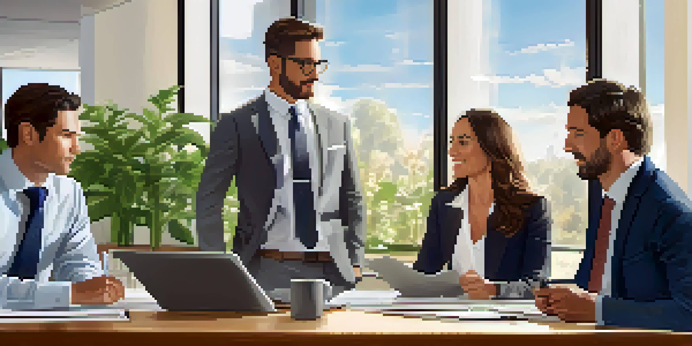 A diverse group of professionals engaging in a real estate negotiation in a bright office setting, with documents and laptops on the table.