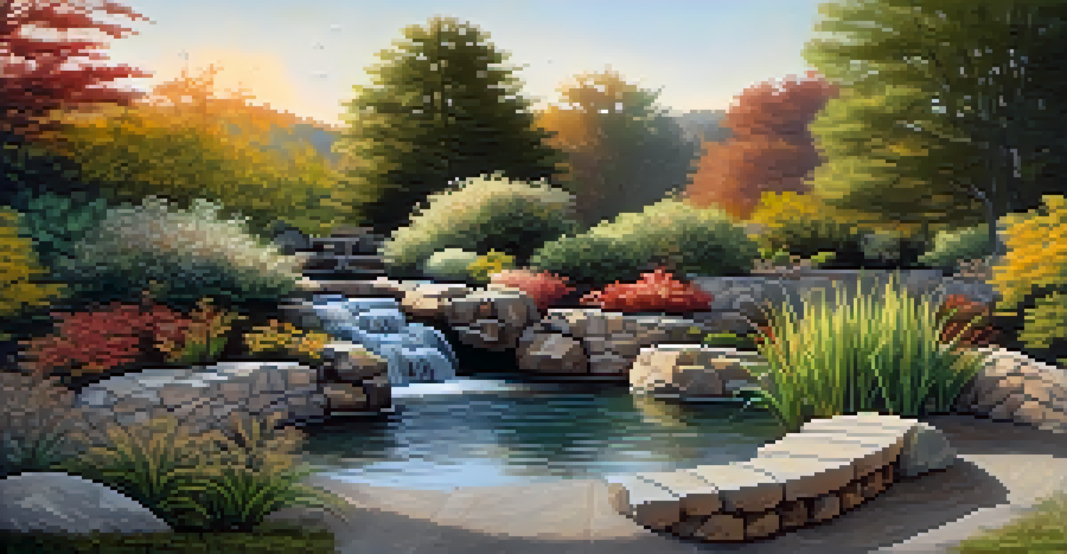 A tranquil backyard with a pond and waterfall, surrounded by native plants and birds, under a golden sunset.