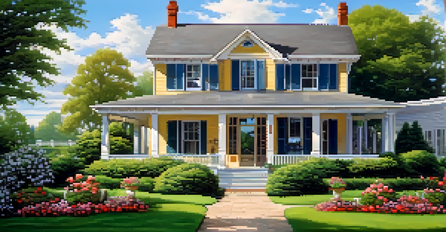 A charming house with a beautiful garden and a clear blue sky overhead.