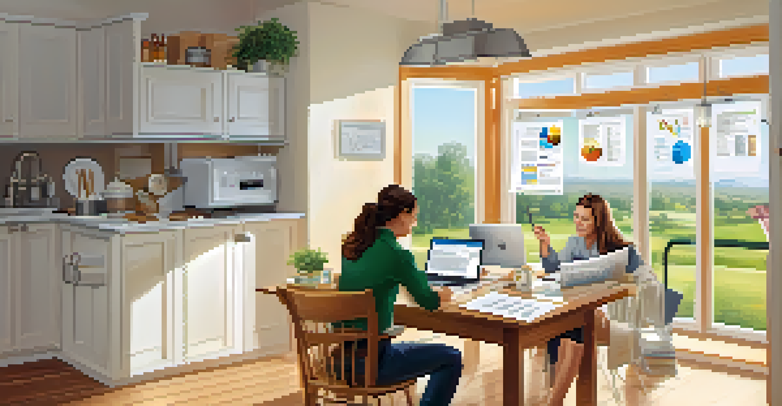 A homeowner discussing an energy audit report with a professional in a bright kitchen, surrounded by documents and a laptop.