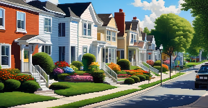 A sunny suburban neighborhood with houses, lawns, and a mail carrier, depicting community life.