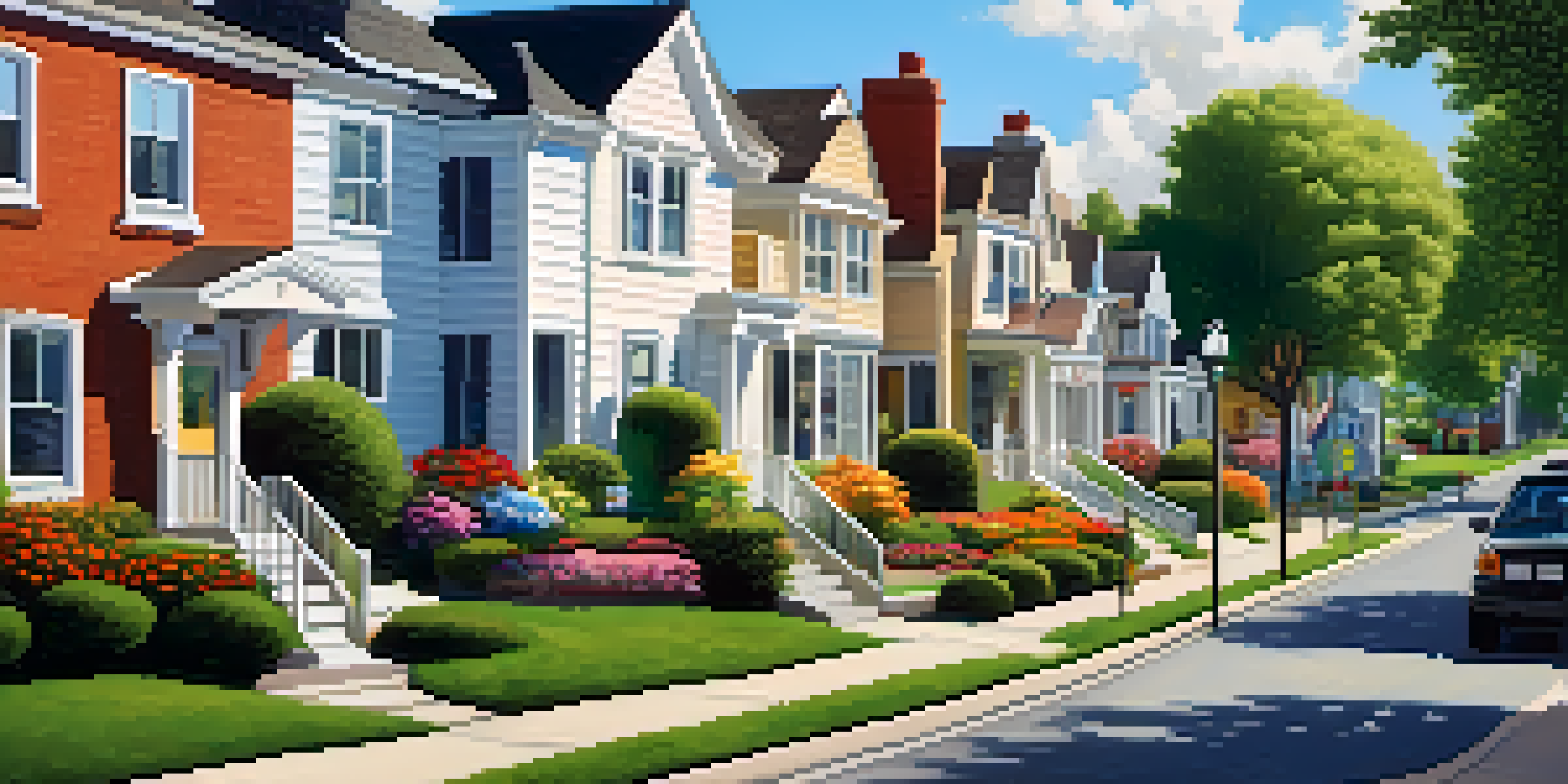 A sunny suburban neighborhood with houses, lawns, and a mail carrier, depicting community life.