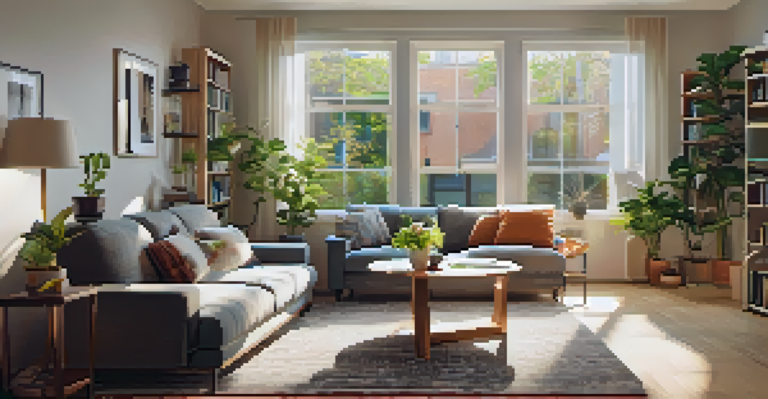 A cozy living room in a rental apartment with modern furniture, warm lighting, and large windows.