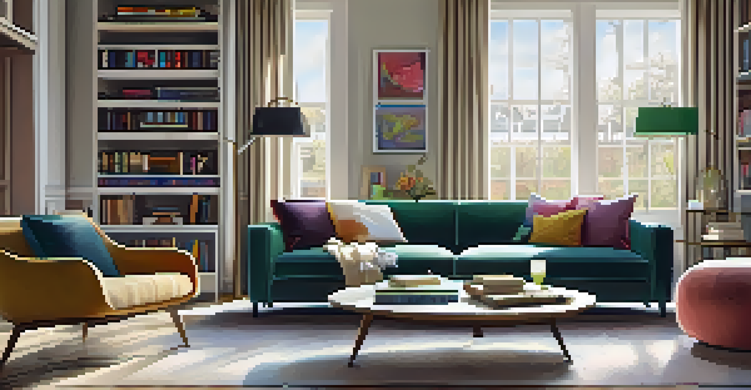 Cozy living room interior with modern design, large windows, a comfortable sofa, and a bookshelf.