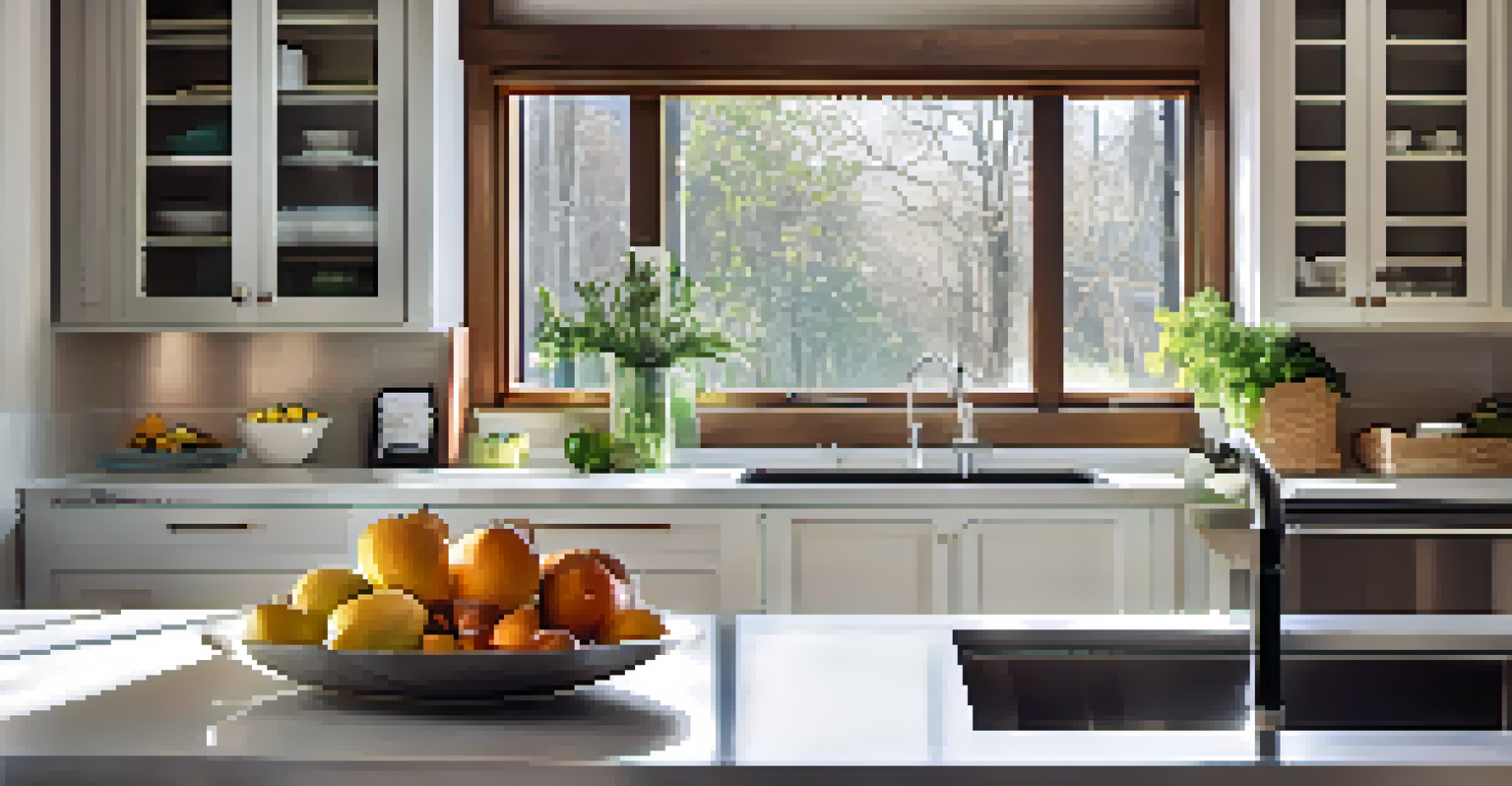 A bright and inviting kitchen with a clean countertop, fruit bowl, and a stylish dining area, showcasing warmth and functionality.