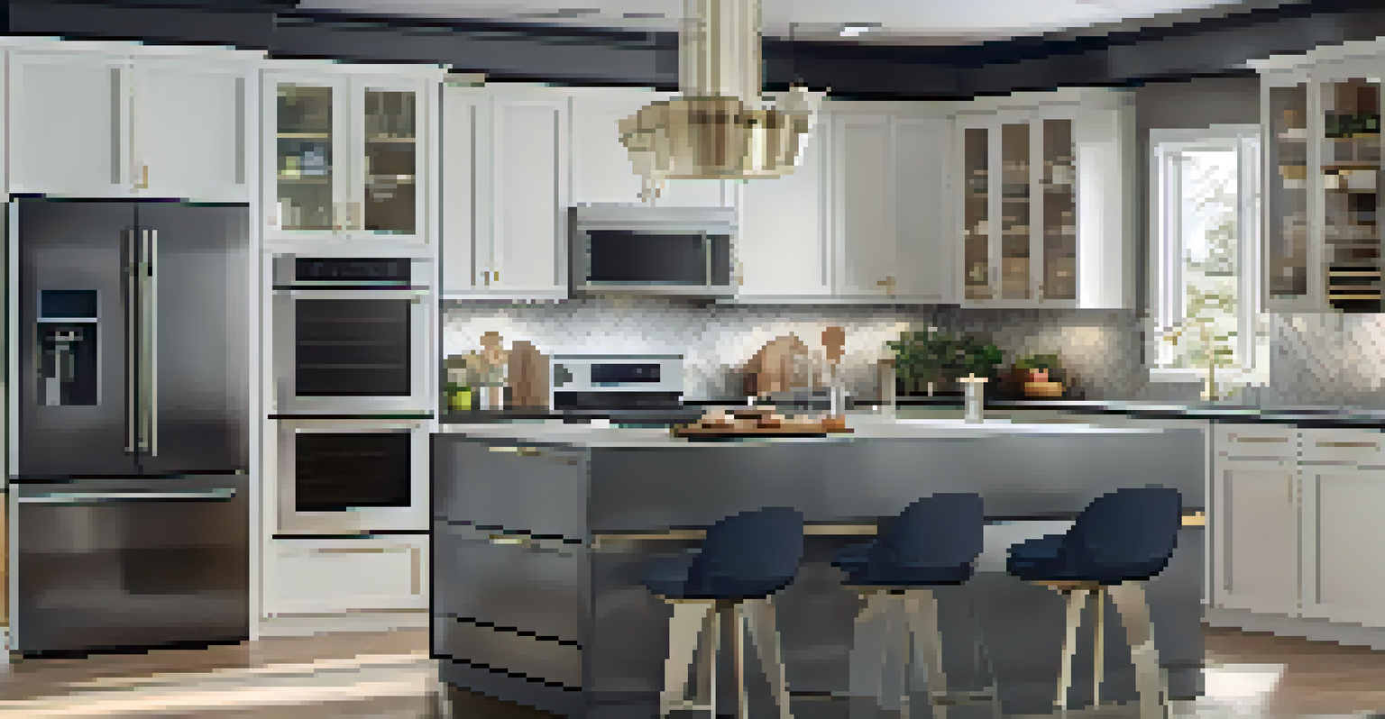 A modern kitchen with an island and appliances, featuring a virtual tour interface highlighting interactive elements.